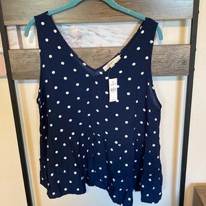 BNWT LOFT navy blue polka dot tiered peplum tank top